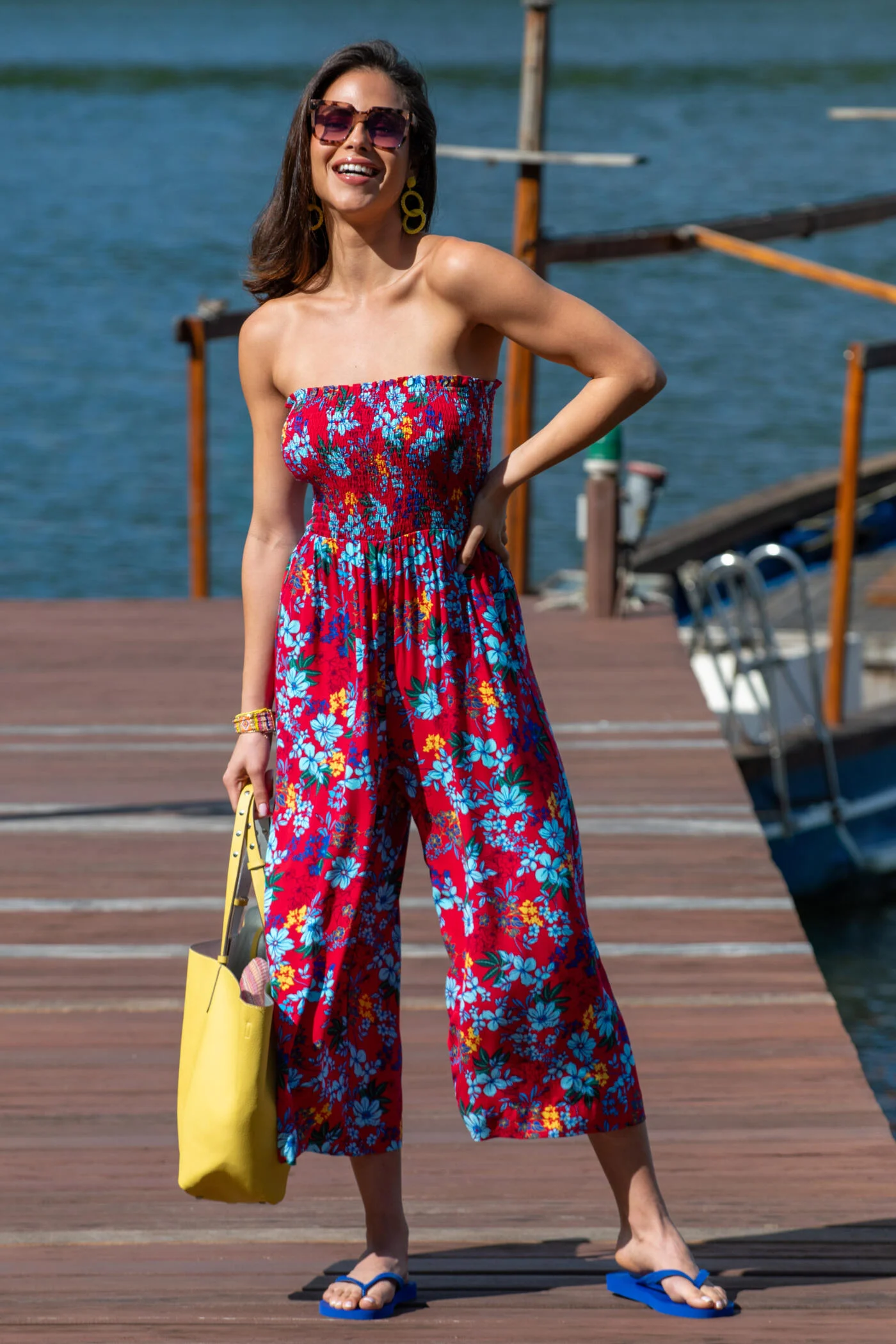 Anna Strapless Shirred Bodice Crop Leg Beach Jumpsuit - Red Floral