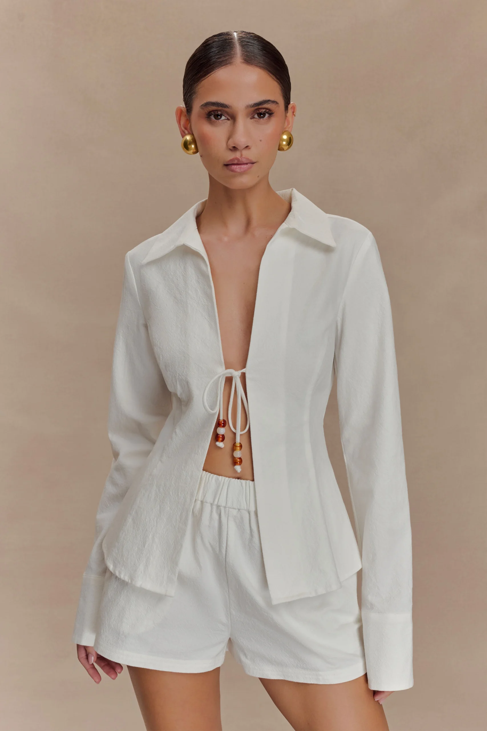 AnnaleeFINAL SALECotton Beaded Tie Shirt - White