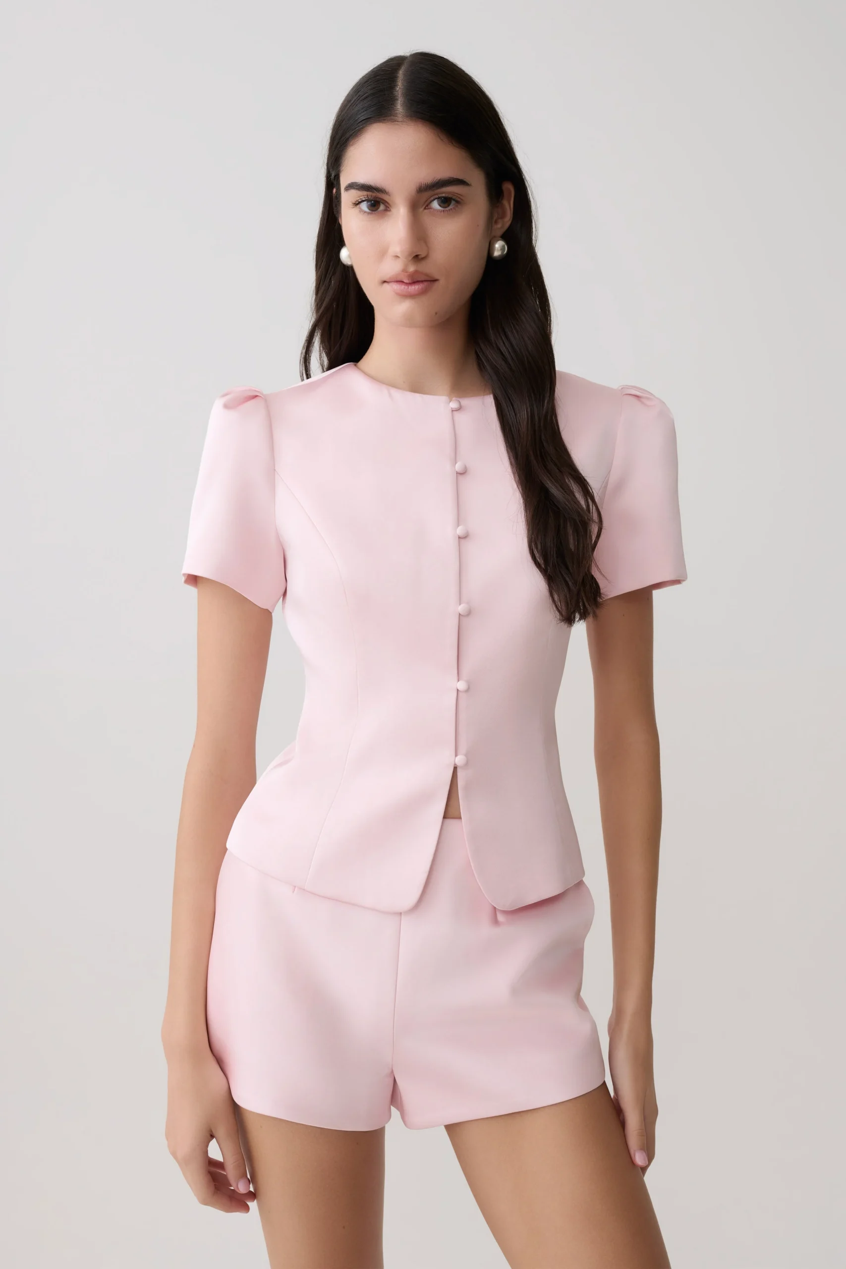AnneShort Sleeve Satin Top - Pale Pink
