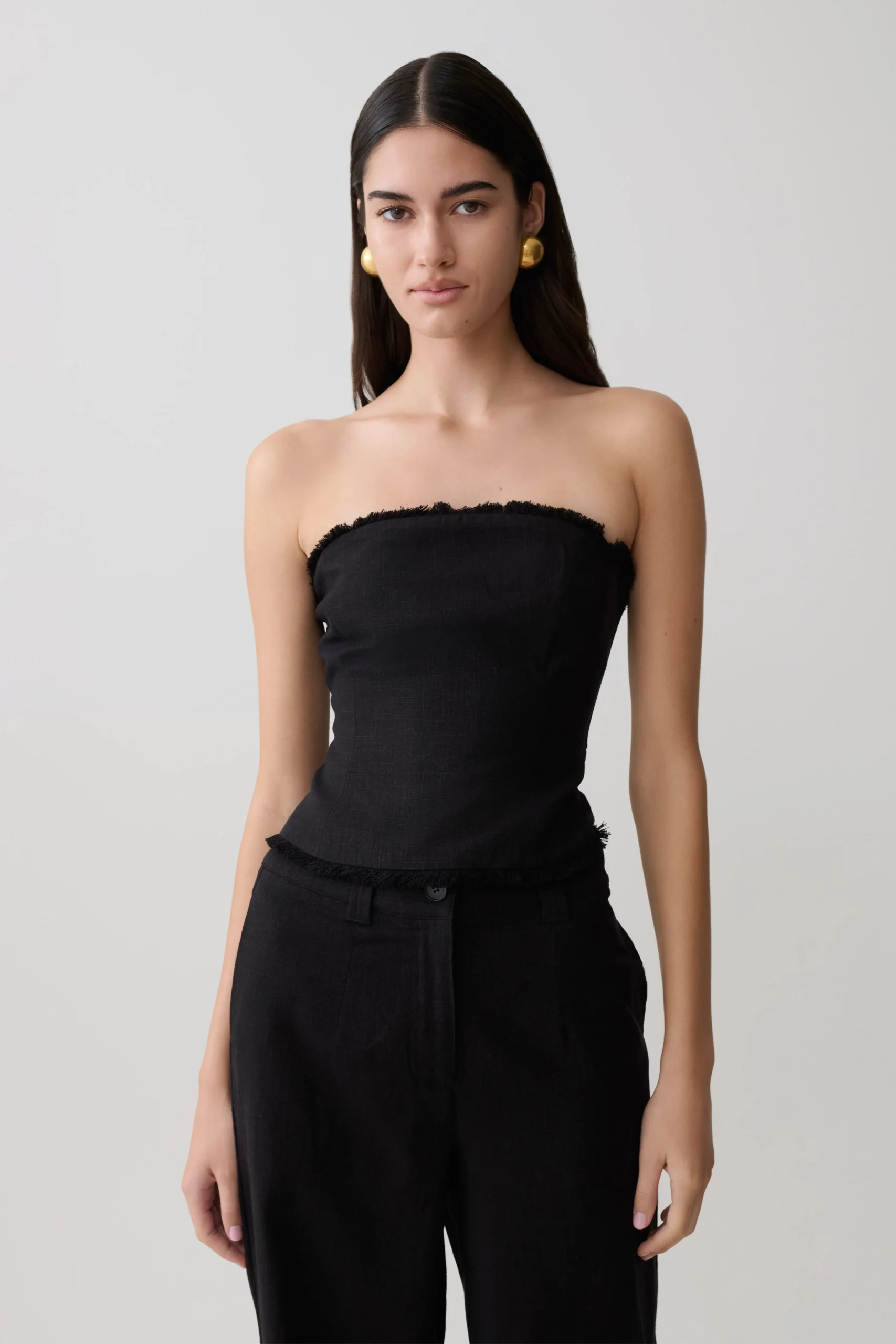AnnieStrapless Tie Back Linen Top - Black