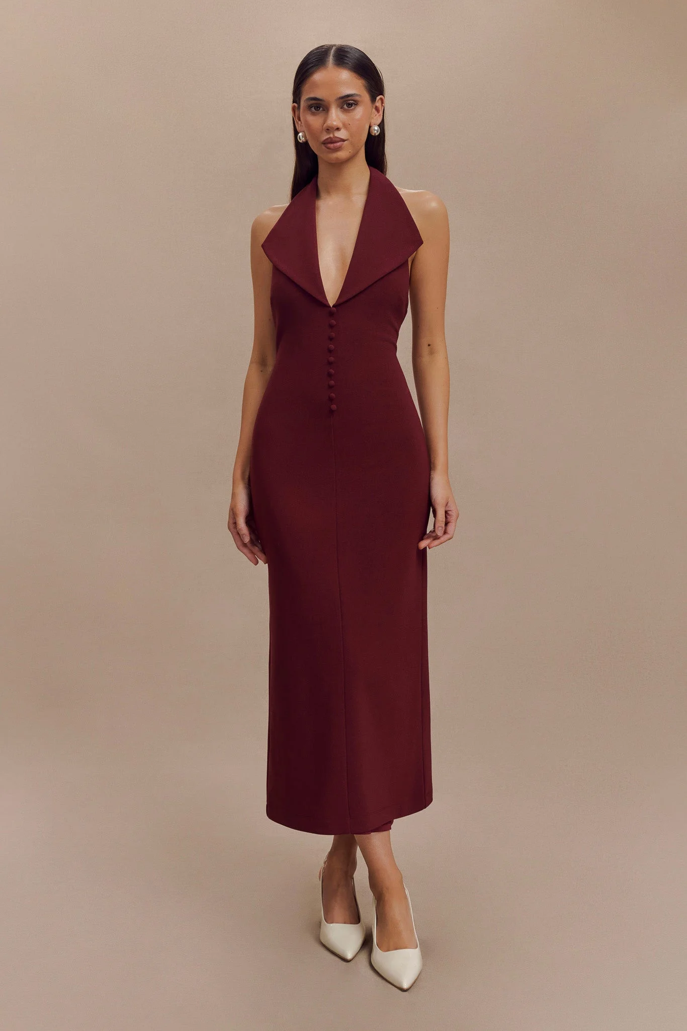AnnitaCrepe Halter Midi Dress - Merlot