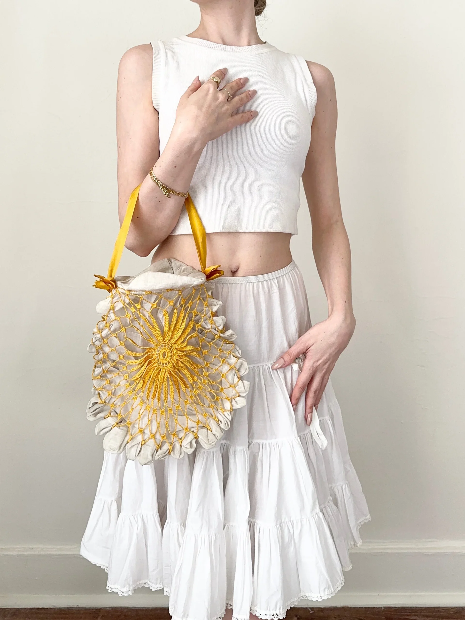 Antique Edwardian 1900s Mustard Yellow Crochet Purse Bag
