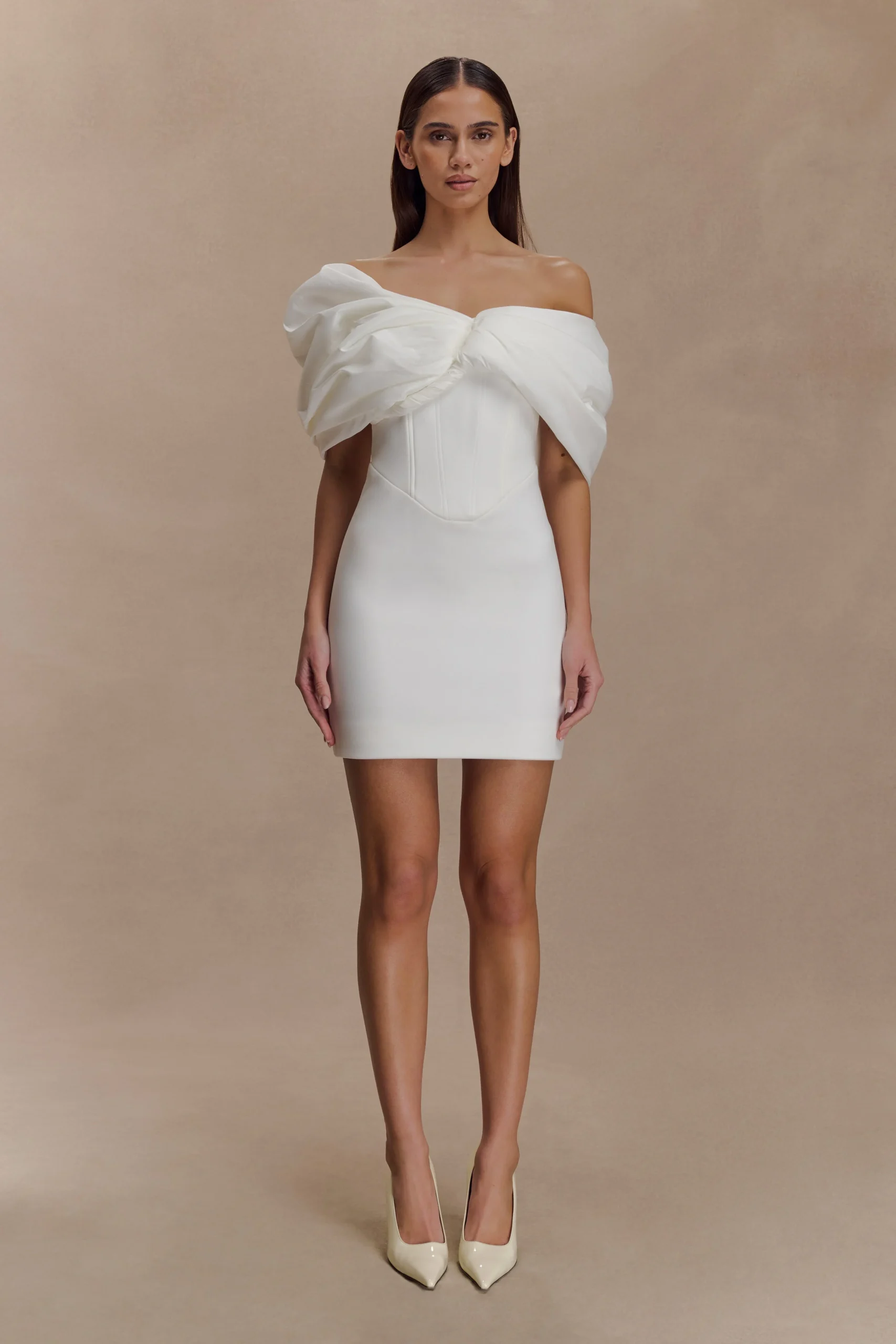 AphroditeOff Shoulder Crepe Mini Dress - Ivory