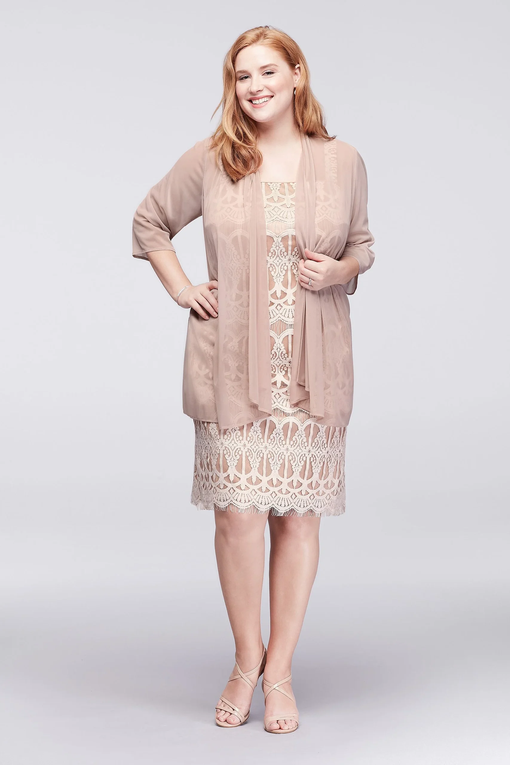 Applique Lace Petite Dress with Sheer Jacket