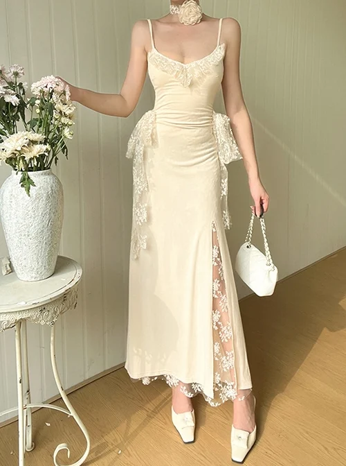 Apricot Gorgeous Lace Splicing Woven Sexy Low-Cut Design With Slit Hem Gothic Style Suspender Sleeveless Dress