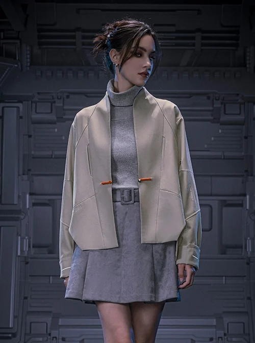 Apricot New Chinese Style Stand Collar One-Button Tang Dynasty Clothing Autumn Minimalist Cyberpunk Short Jacket