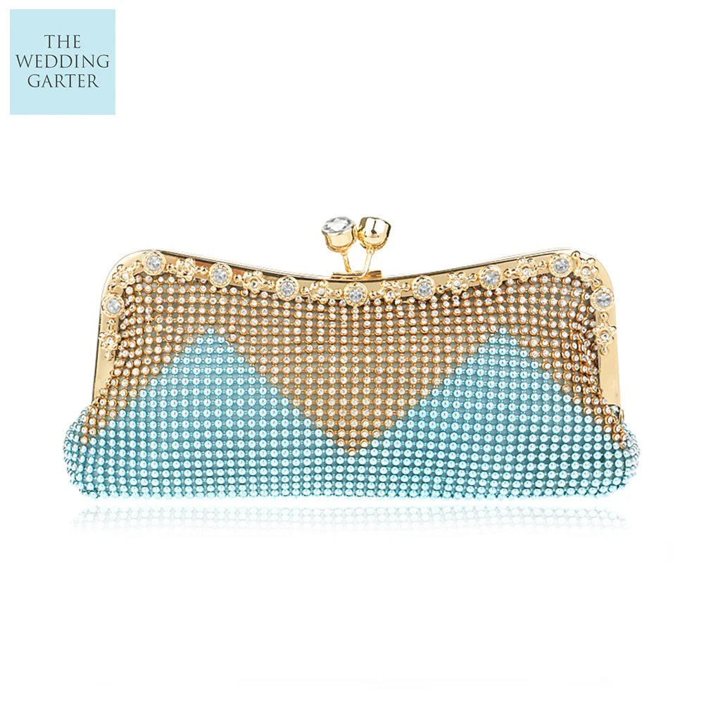 Aqua Blue Vintage Style Gold Rhinestone Bridal Clutch