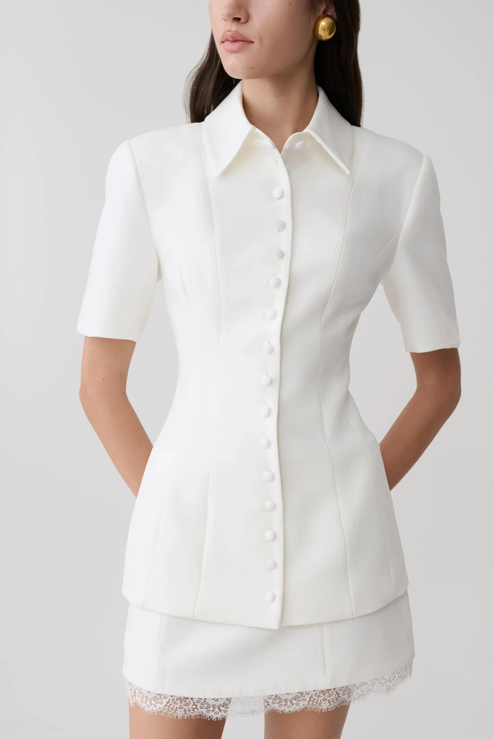 AriellaButton Up Short Sleeves Top - White