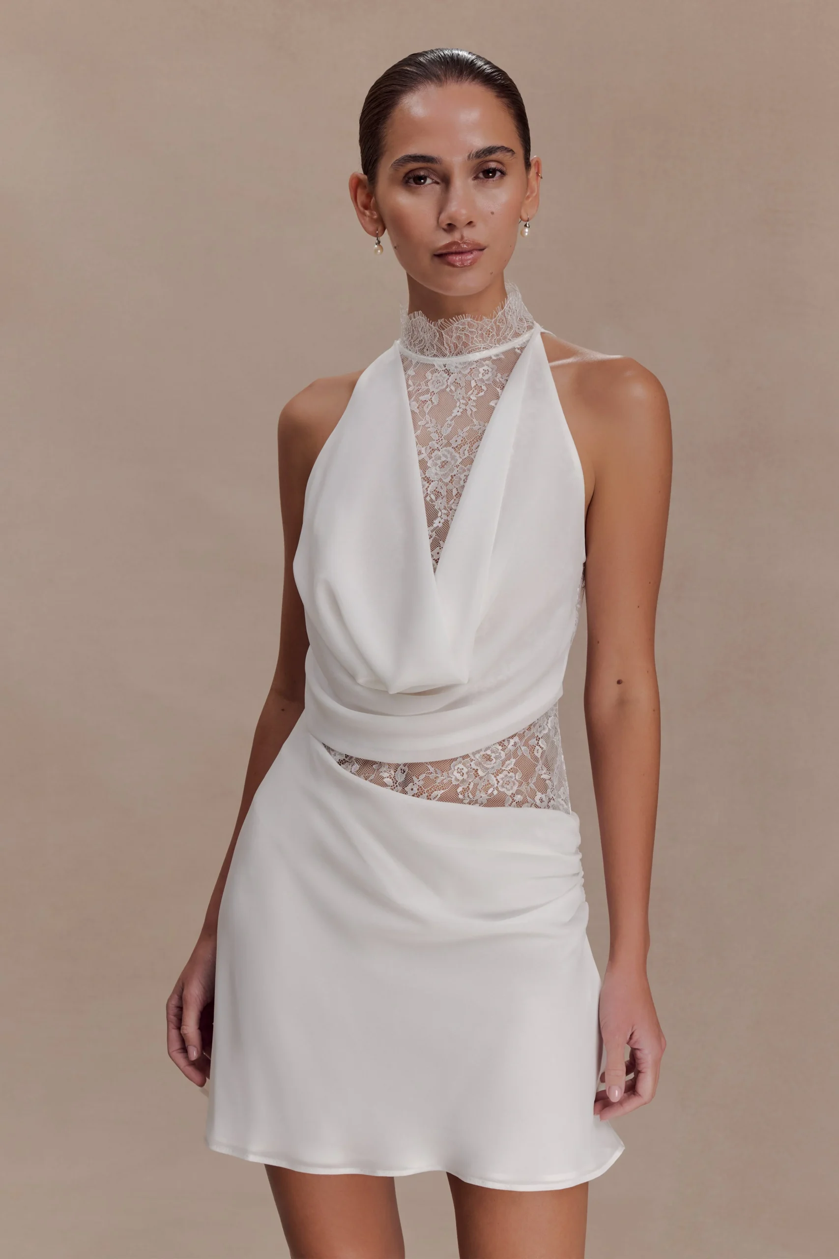 ArraChiffon And Lace Halter Mini Dress - White