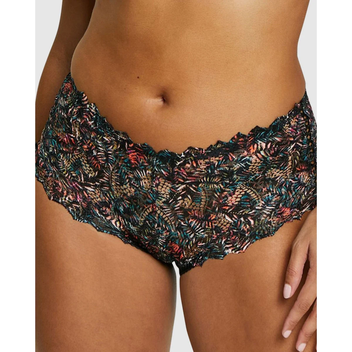 Arum Mosaic Mid-Rise Lace Brief-Black Background Floral Print