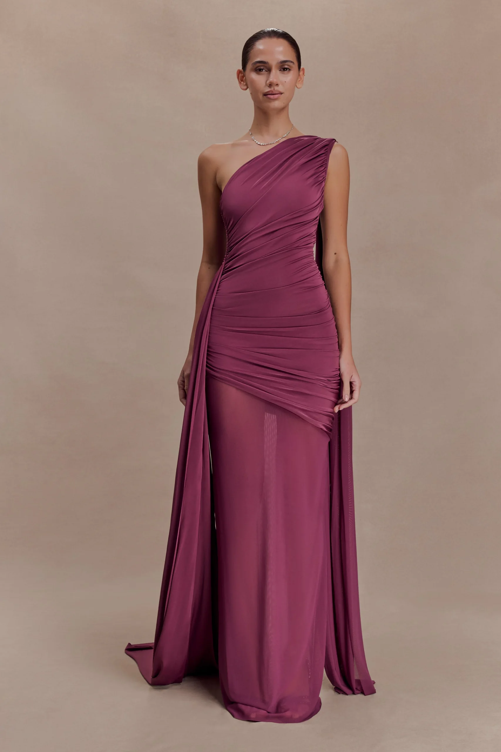 AsherSlinky One Shoulder Maxi Dress - Neutral Plum