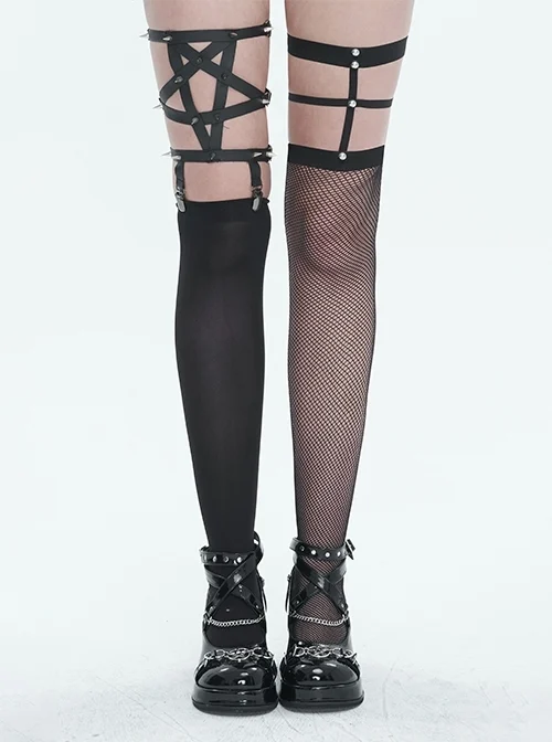Asymmetric Black PU Stretch Pentagram Stud Gothic Long Socks
