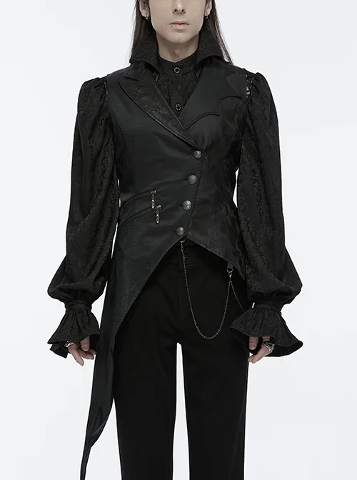 Asymmetric Non-Stretch Black Shiny Woven Patchwork Jacquard Back Waist Adjustable Drawstring Gothic Style Lapel Vest