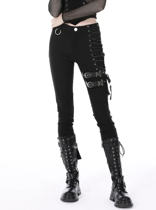 Asymmetric Side Rope Adjustment Loops Trim Black Punk Trousers