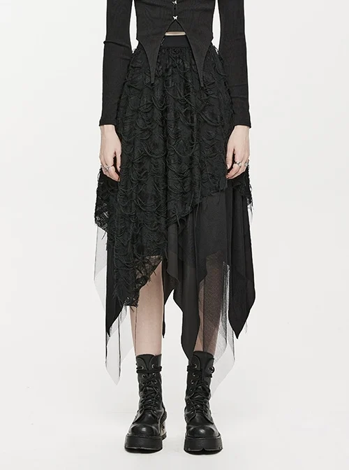 Asymmetrical Multi-Layer Elastic Comfortable Skirt With Butterfly Metal Buckle Decoration Black Punk Style Skirt