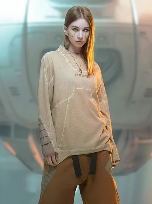 Autumn Space Collar Back Reflective Logo Three-Dimensional Tailoring Slim Fit Dyed Washed Cyberpunk Long Sleeves T-shirt