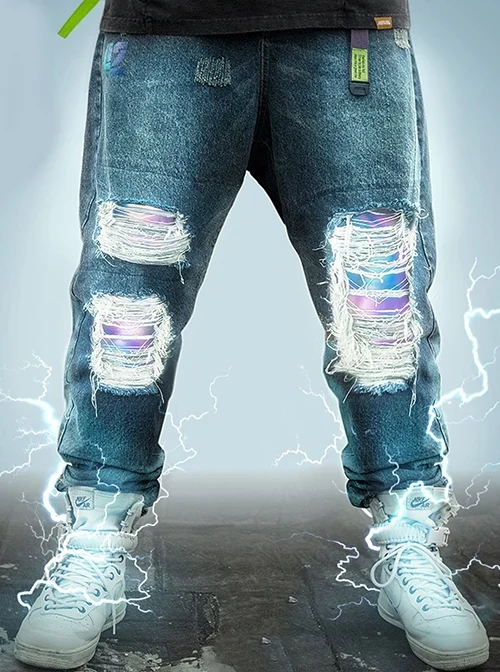 Autumn Winter Functional Style Loose Street Drop Crotch Version Ripped Reflective Laser Bottom Cyberpunk Denim Trousers