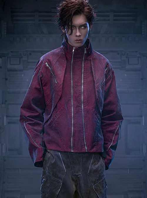 Autumn Winter Stand Collar High Street American Casual Streaming Light Different Color Flocking Cyberpunk Denim Jacket