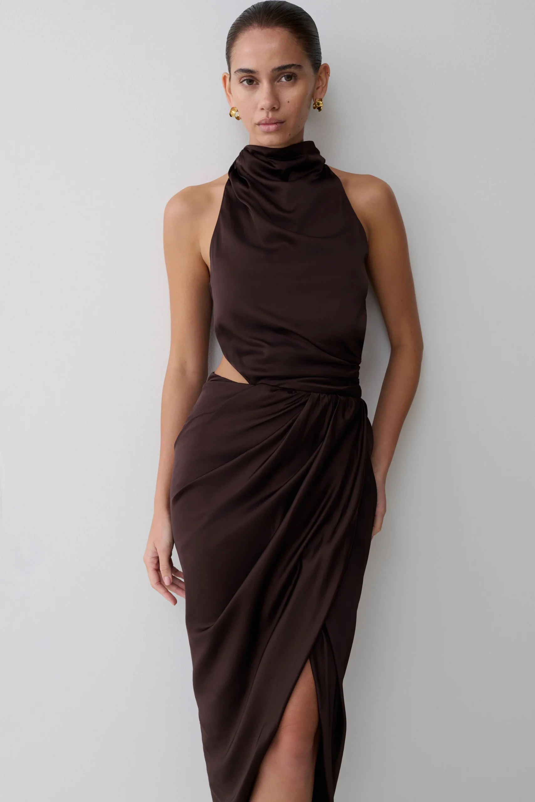 AvelineDraped Halter Midi Dress - Dark Chocolate