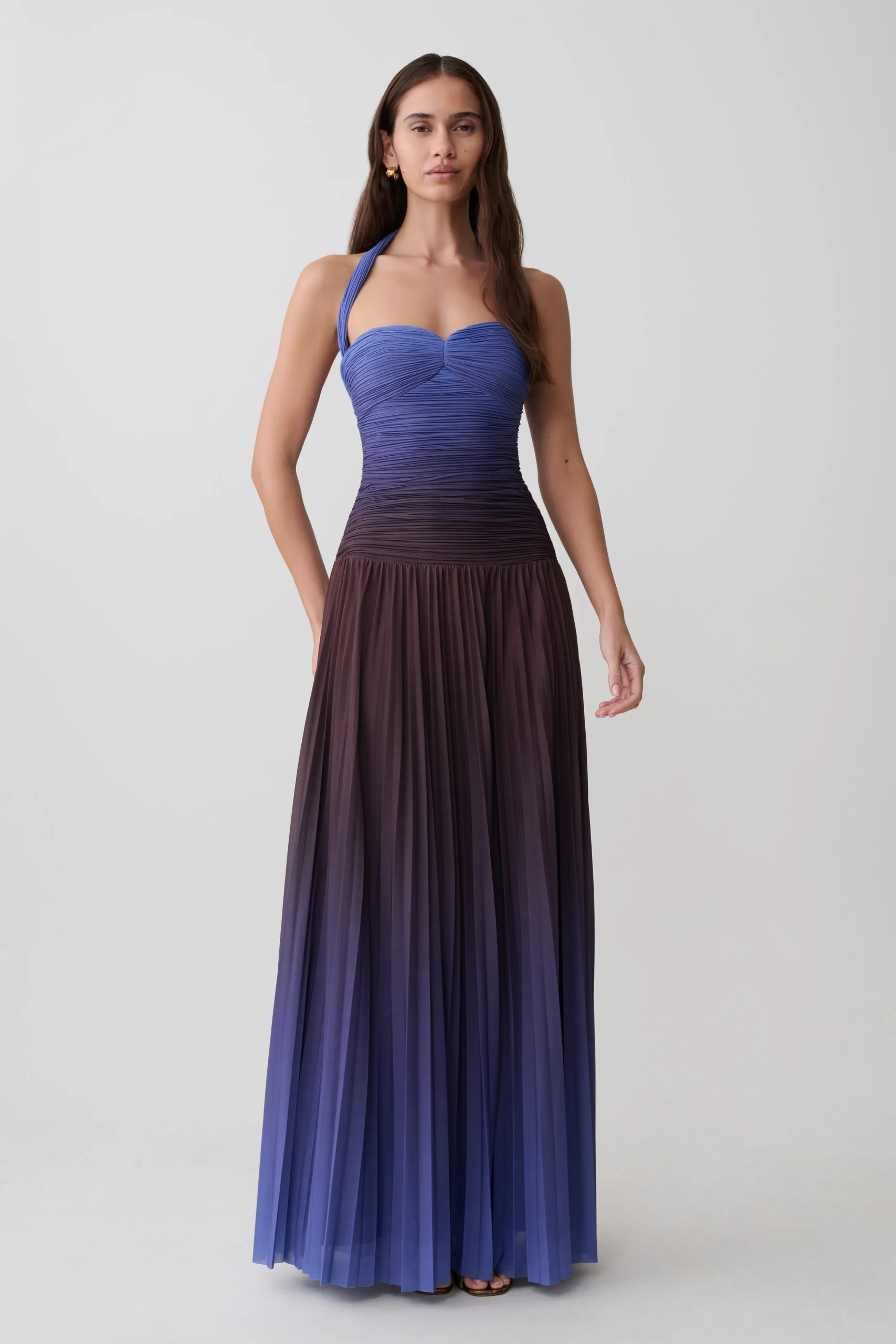AziziPleated Halter Midi Dress - Chocolate & Blue Ombre Print