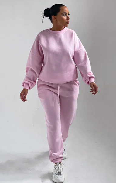Baby Pink Oversized Long Sleeve Crew Neck Raw Hem Crop Sweatshirt Cuffed Joggers Loungewear Set - Averi