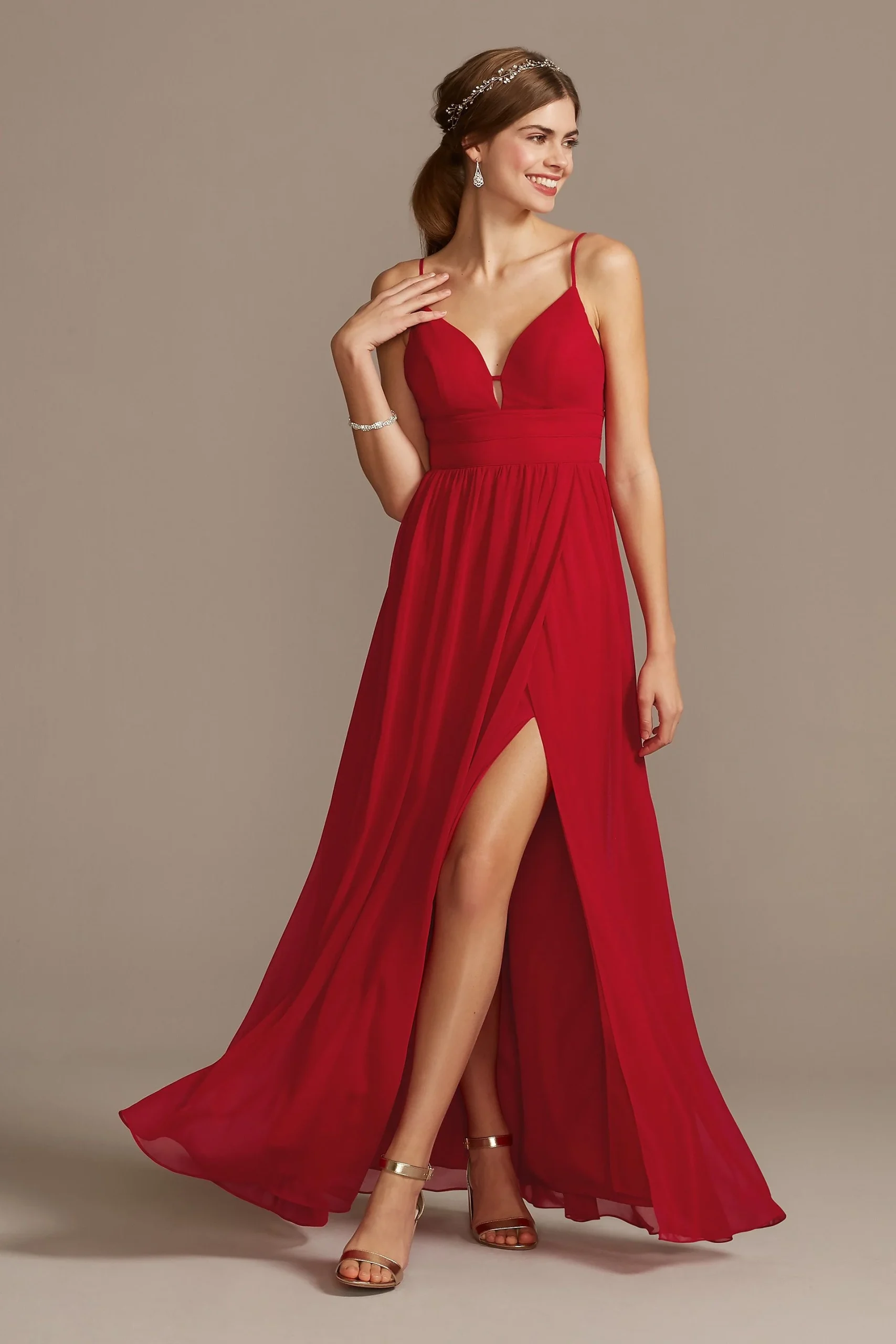 Banded Chiffon Spaghetti Strap Dress with Slit