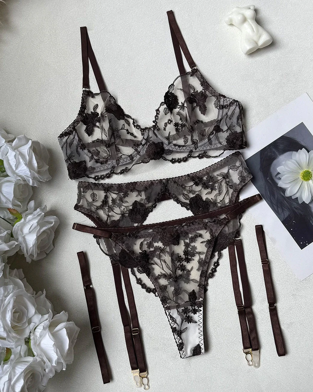 Bare Intentions – Embroidered Lace Lingerie Set with Garter Belt