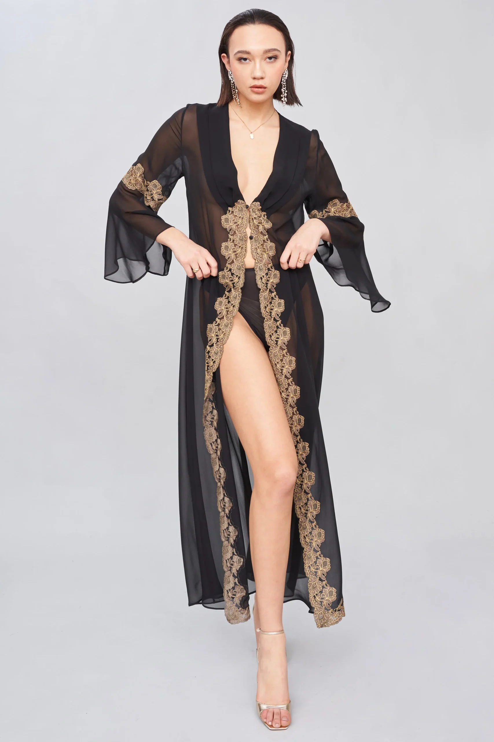 Baroque Gold Lace Silk Georgette Long Robe