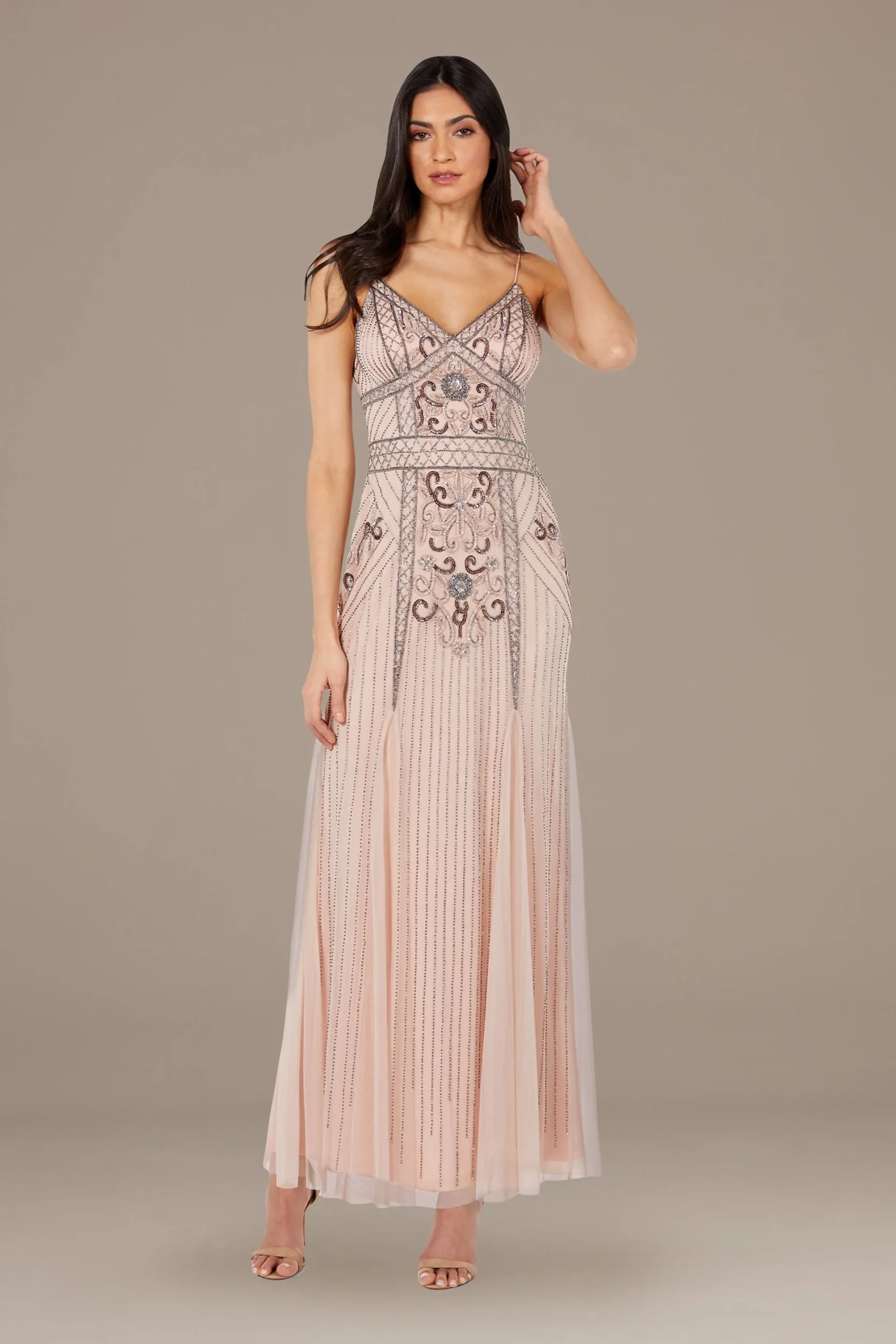 Bead-Embellished Mesh Overlay Spaghetti Strap Gown
