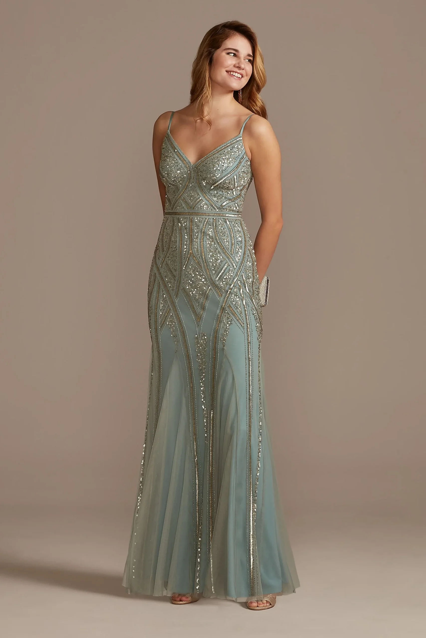 Bead and Sequin Spaghetti Strap Sheath Dress