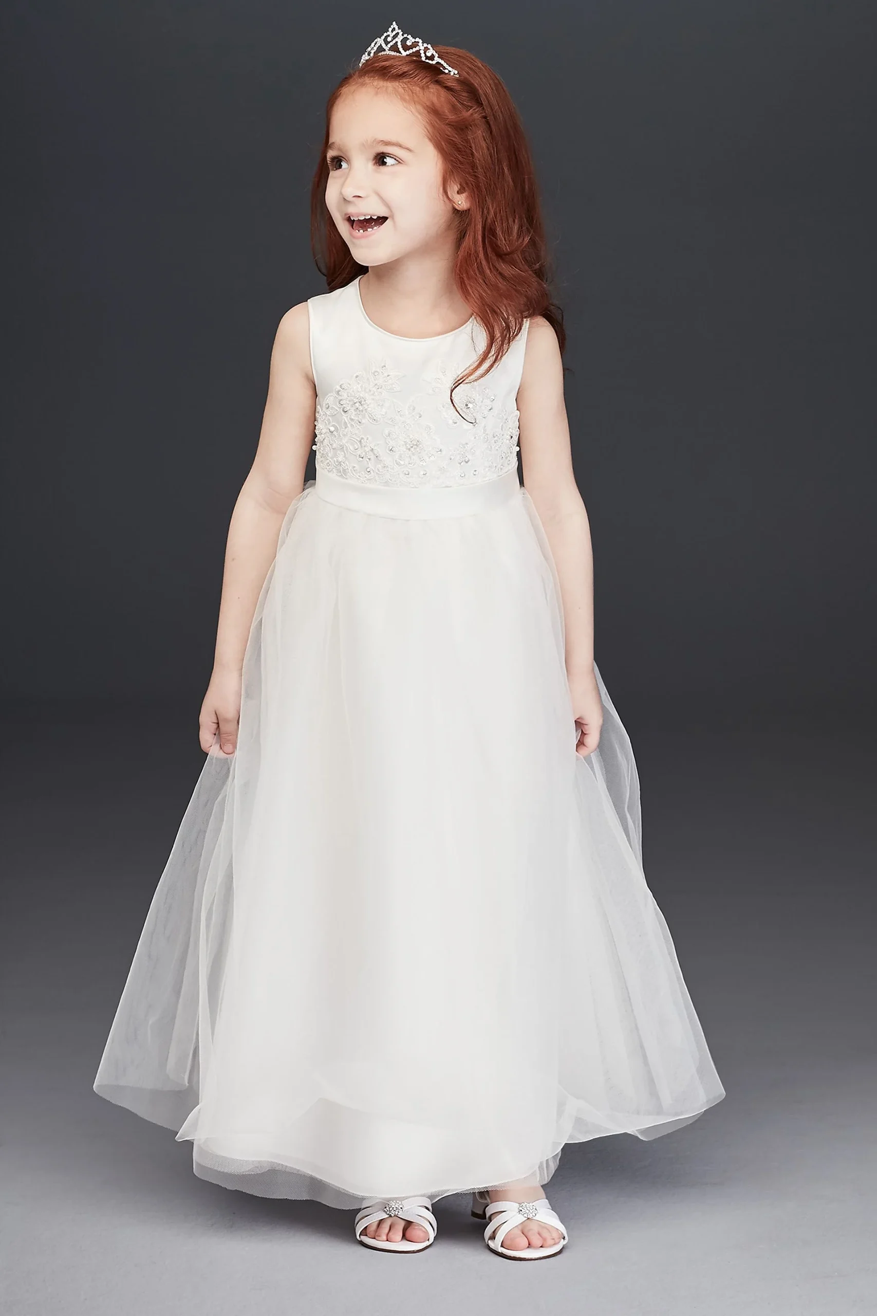 Beaded Applique Flower Girl Dress with Tulle Skirt