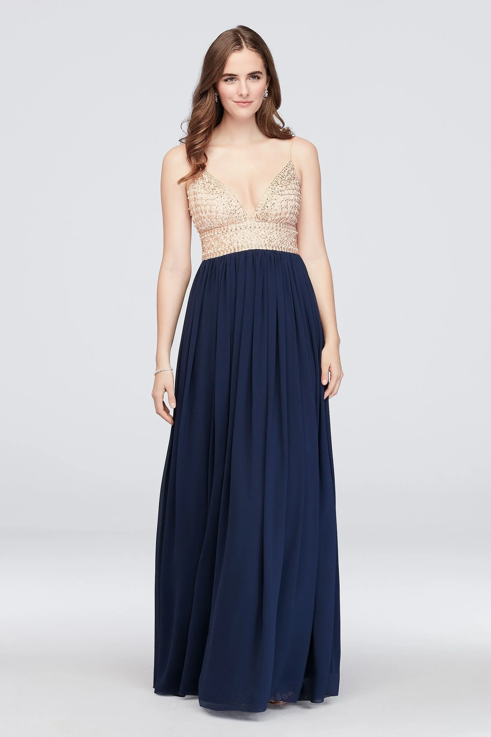 Beaded Bodice Colorblock Chiffon A-Line Dress