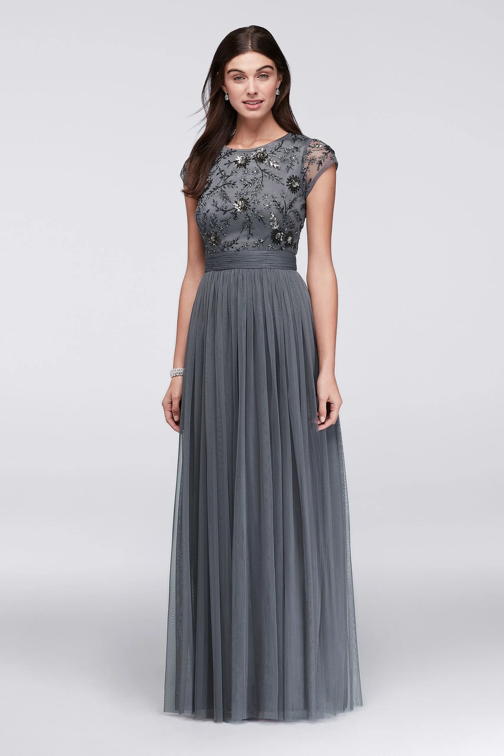 Beaded Cap Sleeve Dress with Tulle Skirt