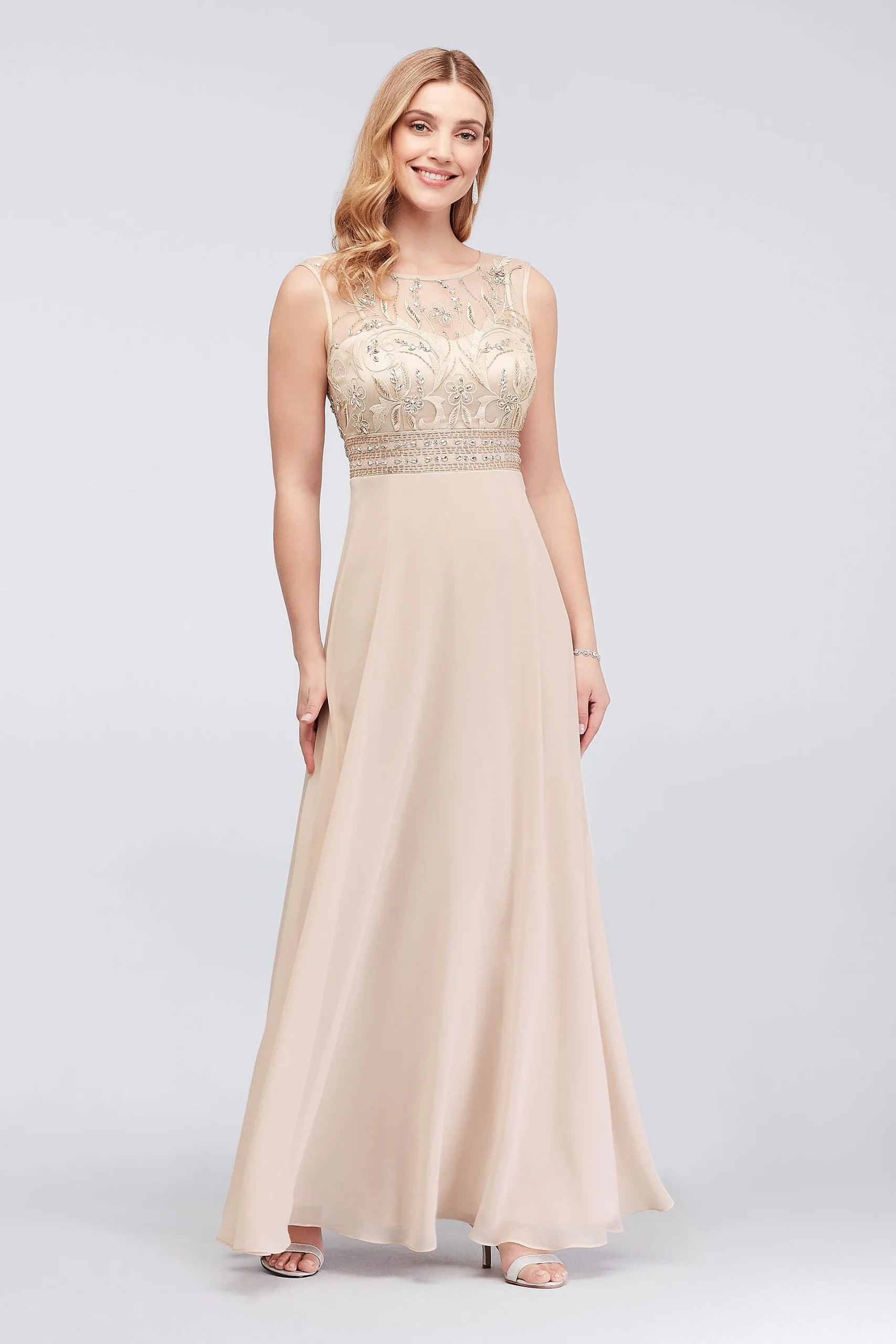 Beaded Chiffon Sheath Dress with Illusion Mesh