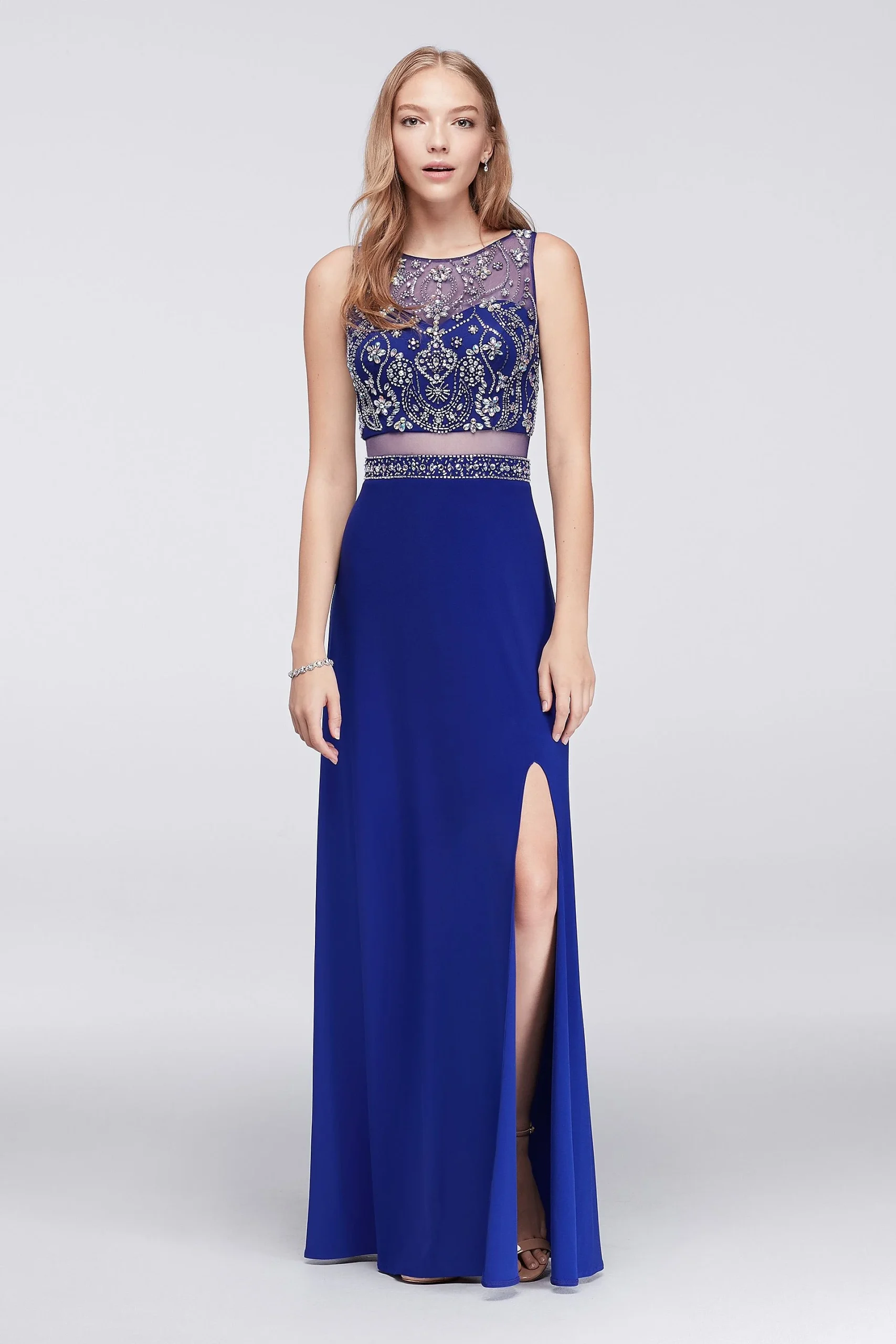 Beaded Faux Two-Piece Dress with Illusion Back