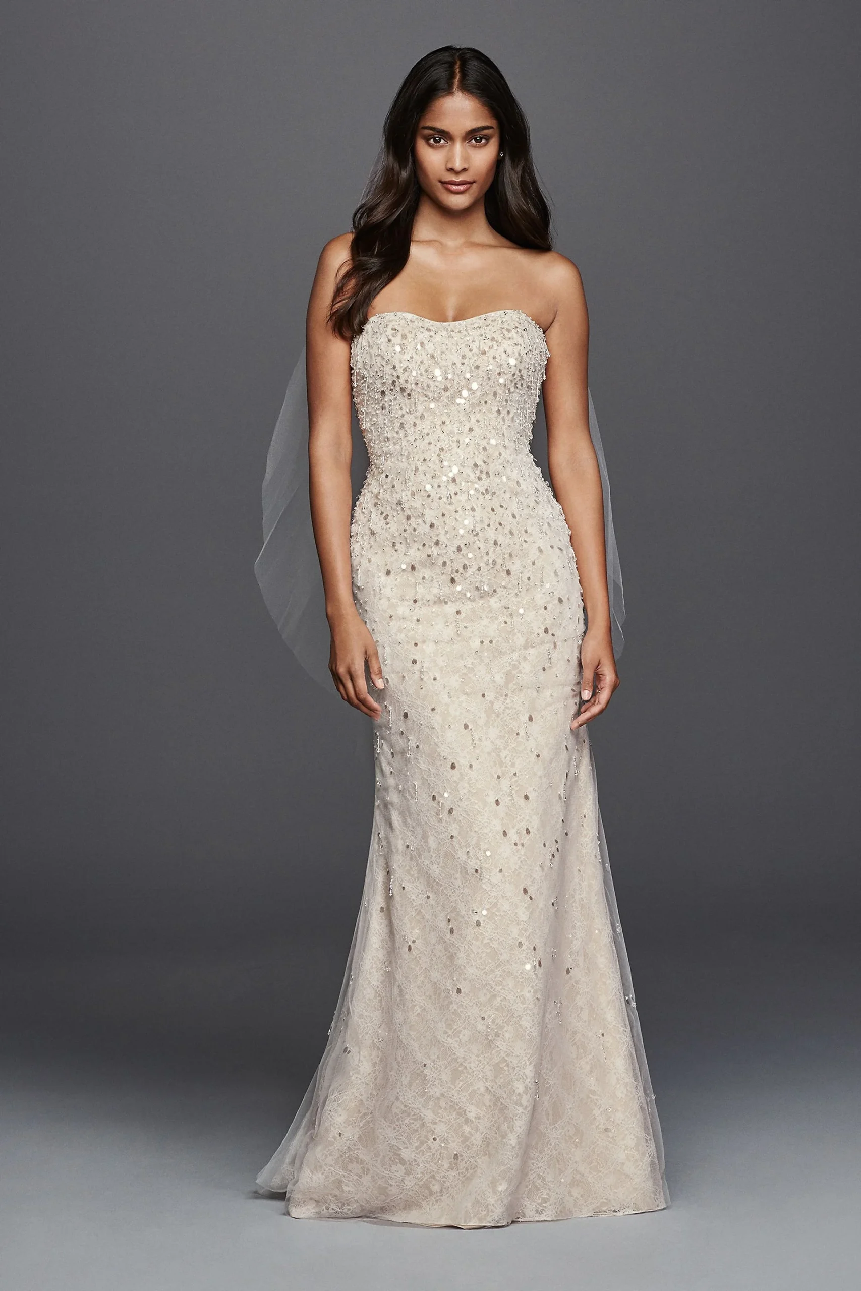 Beaded Fringe Bodice Lace Sheath Wedding Dress