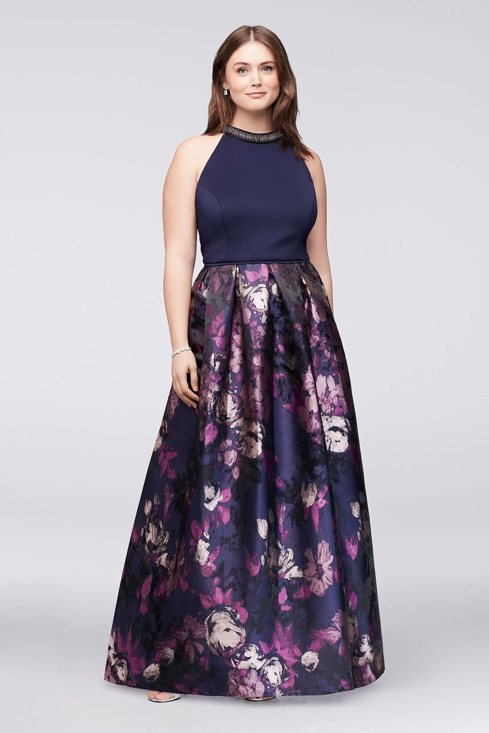 Beaded High-Neck Jersey and Jacquard Ball Gown