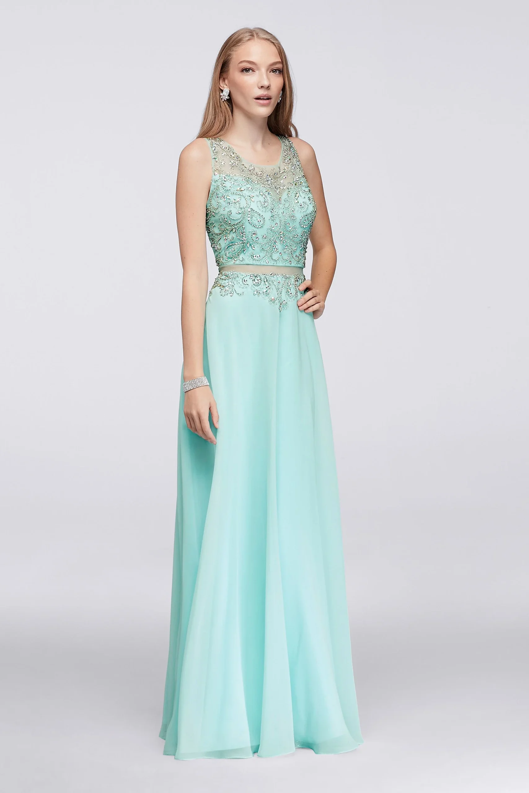 Beaded Illusion Faux Two-Piece Dress