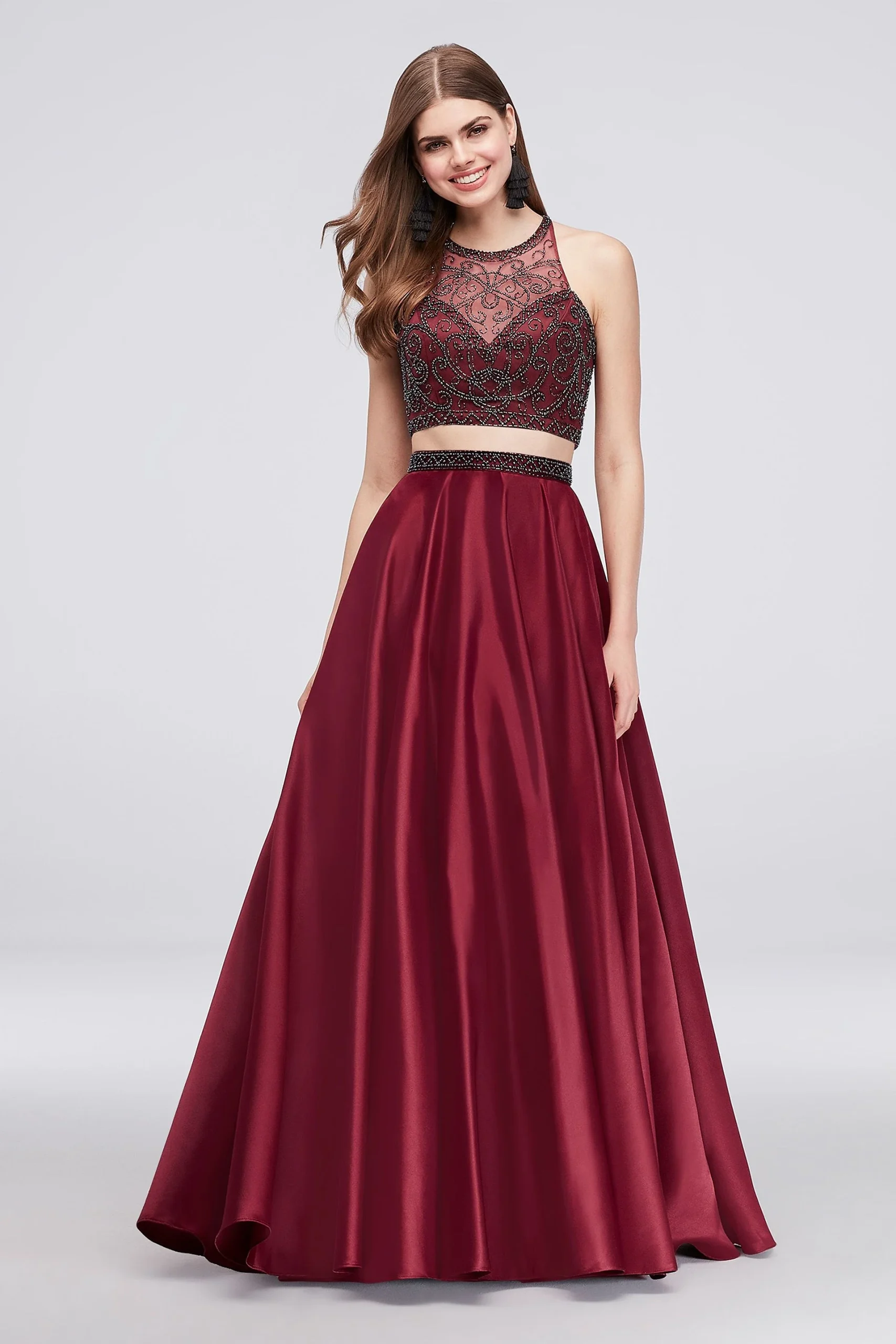 Beaded Illusion Neckline Satin Crop Top Ball Gown