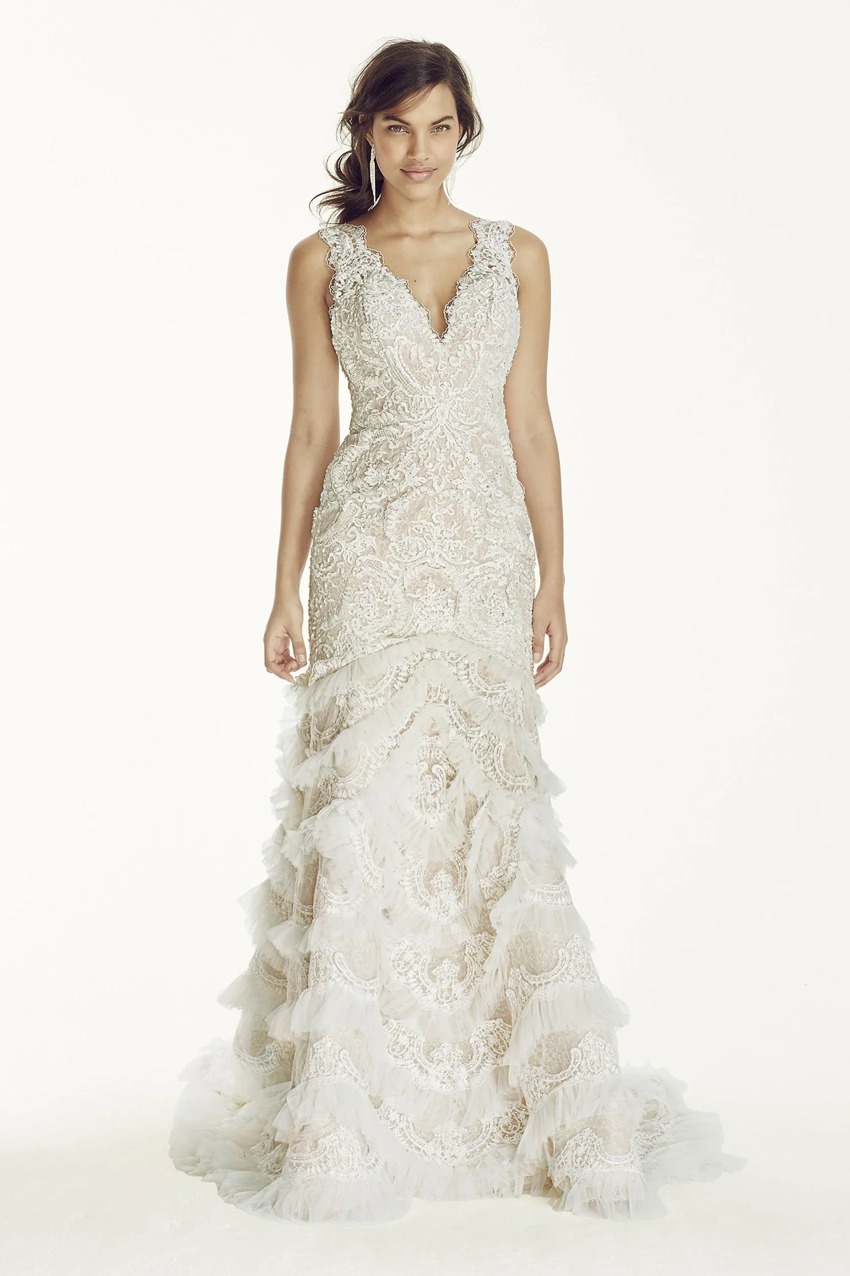 Beaded Lace Wedding Dress with Plunging Neck