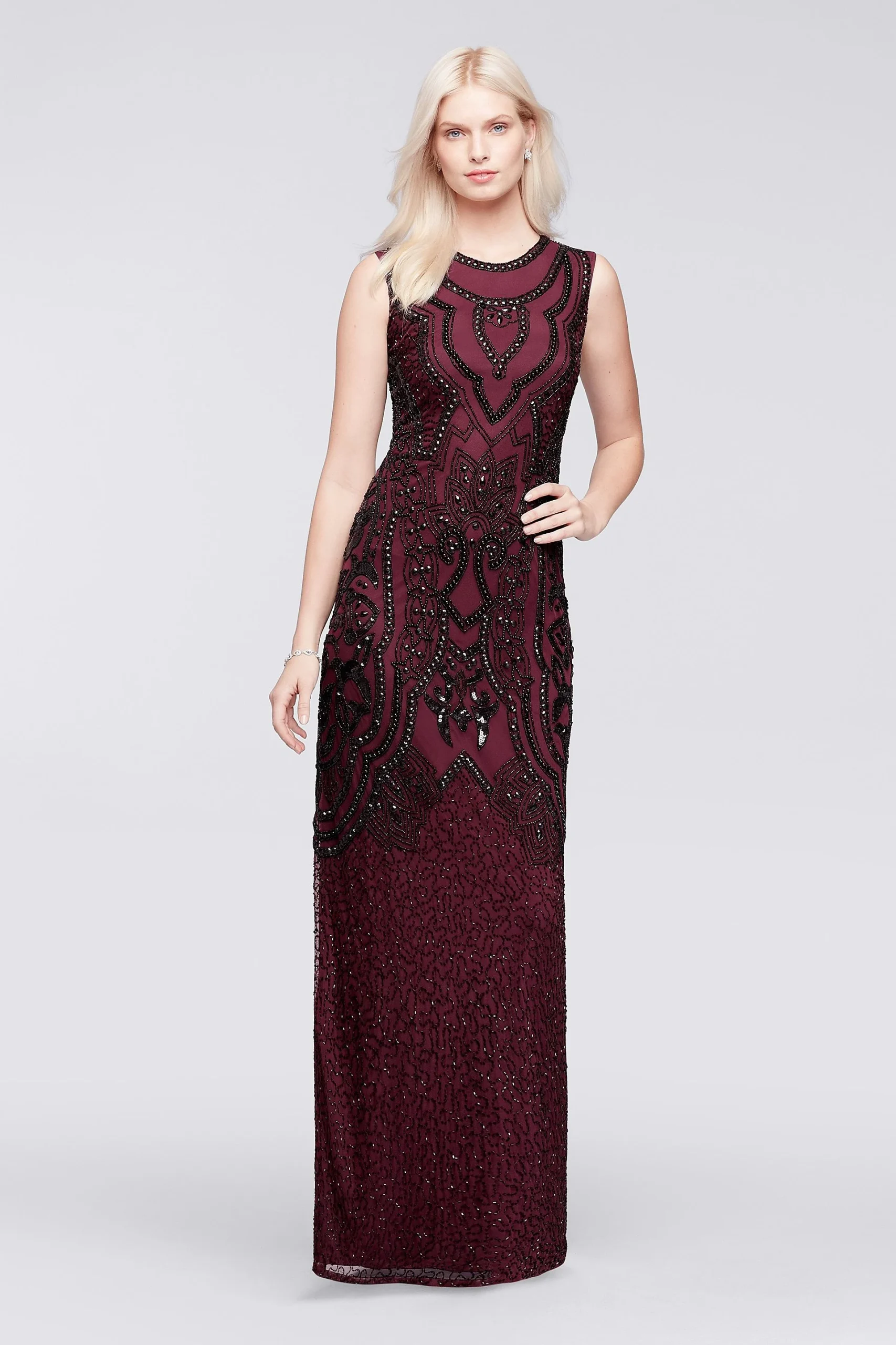 Beaded Long Dress with Cap Sleeves