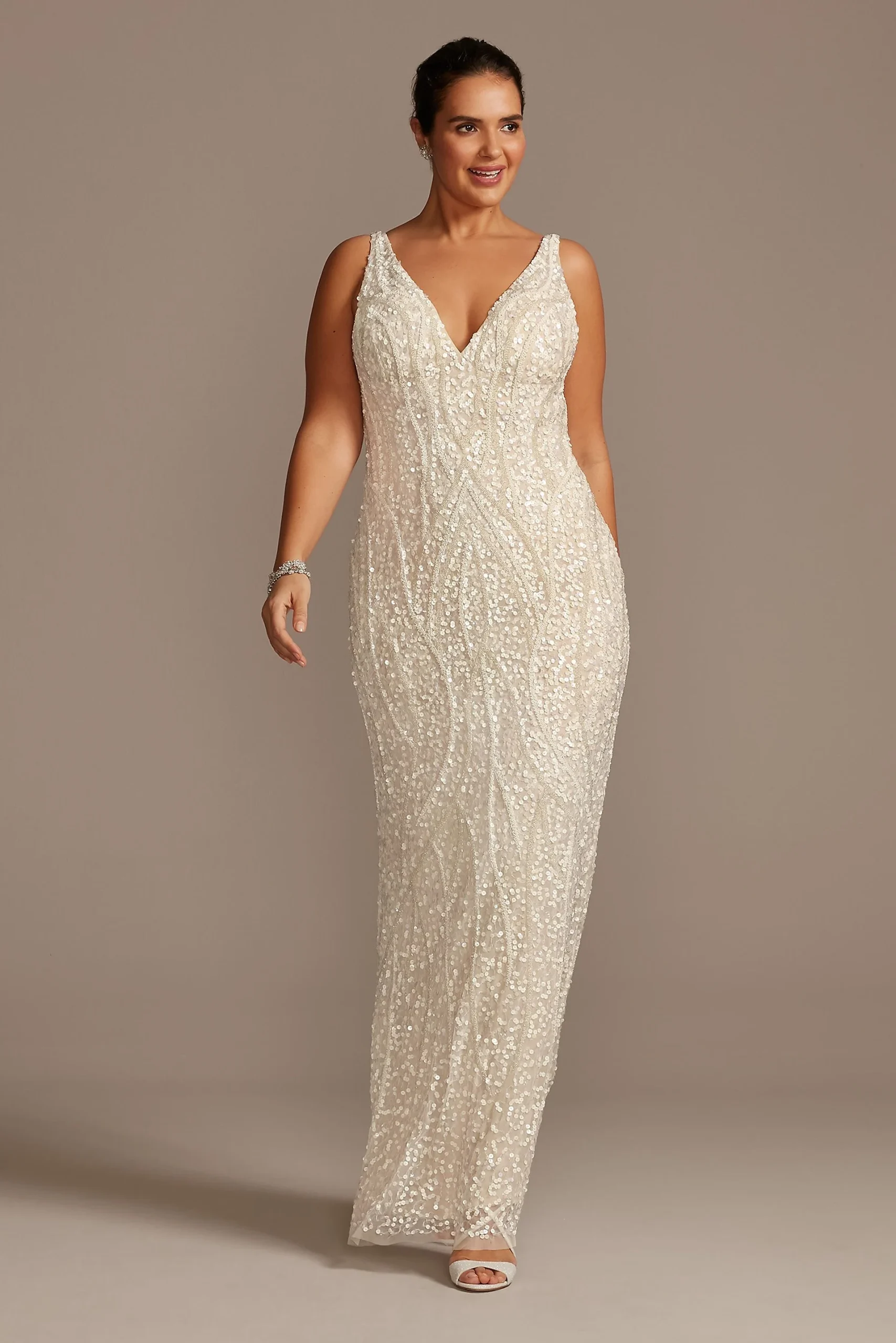 Beaded Matte Sequin V-Neck Sheath Dress