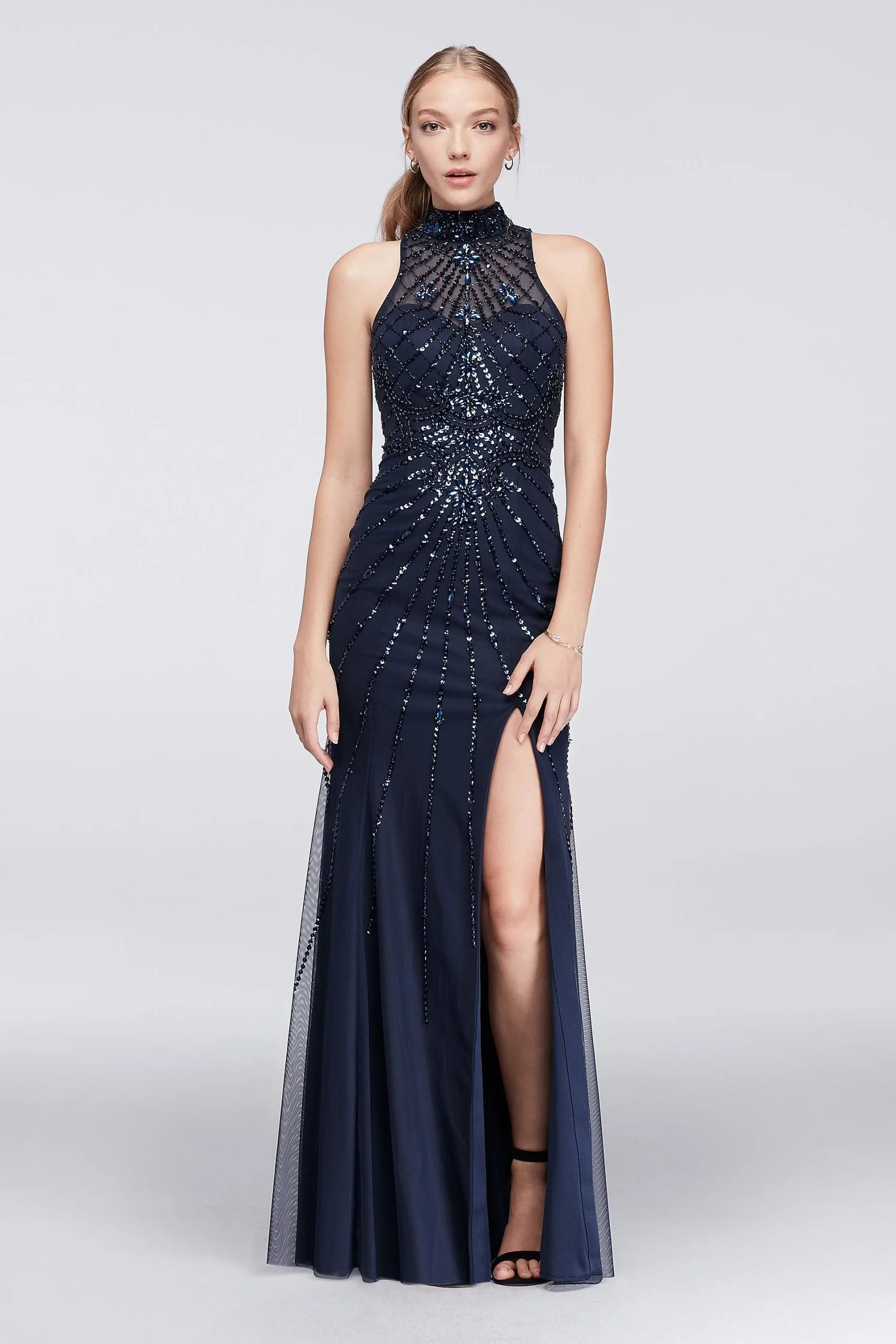 Beaded Mock Neck Open Back Long Dress