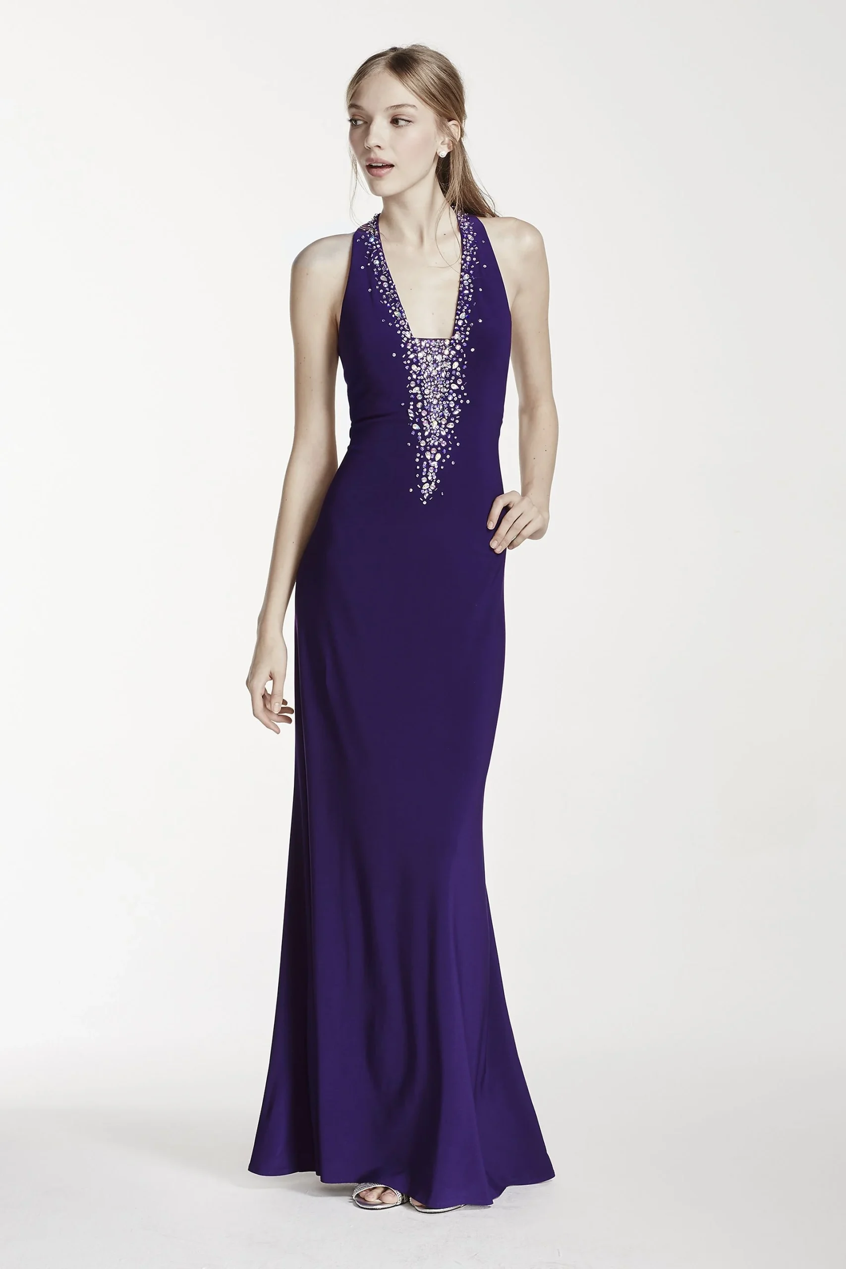 Beaded Plunge Halter Neck Lace Up Back Dress