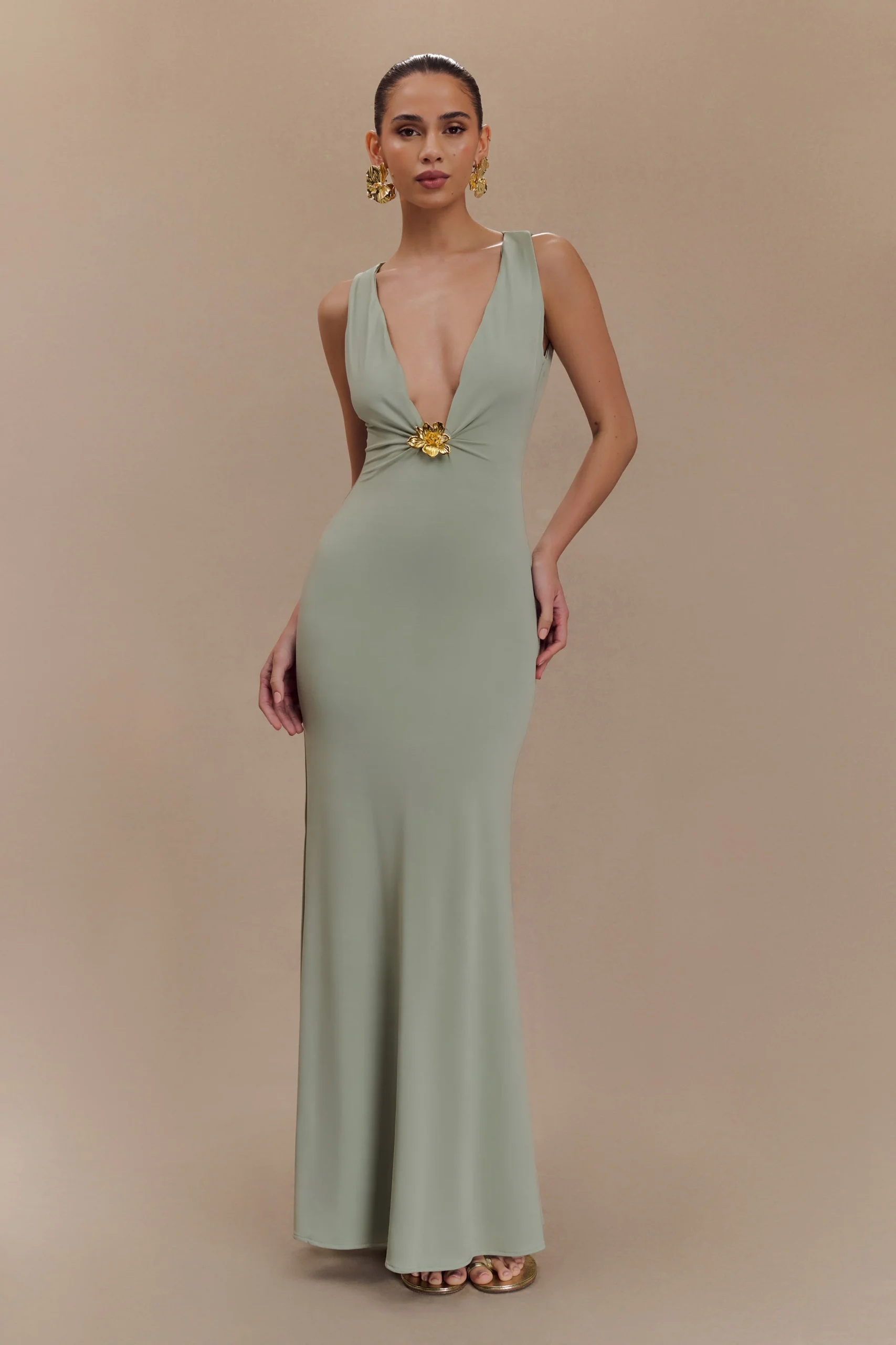 BeckFINAL SALEPlunge Maxi Dress With Floral Hardware - Basil