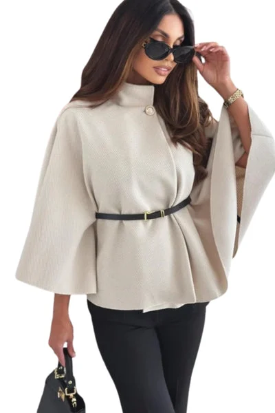 Beige Belted High Neck Cape Coat - Vivienne