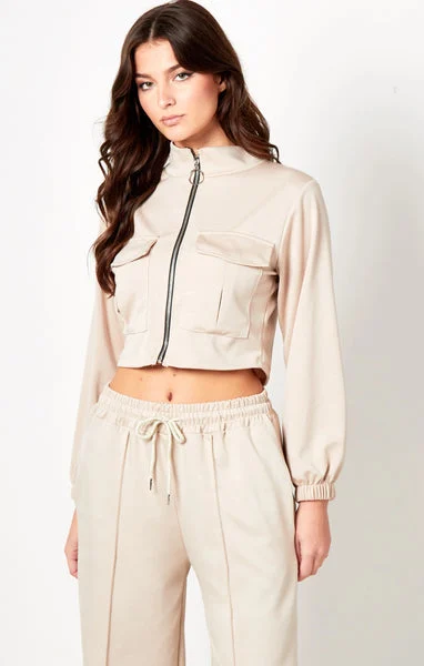 Beige Bomber Jacket Straight Leg Jogger Loungewear Set - Tina