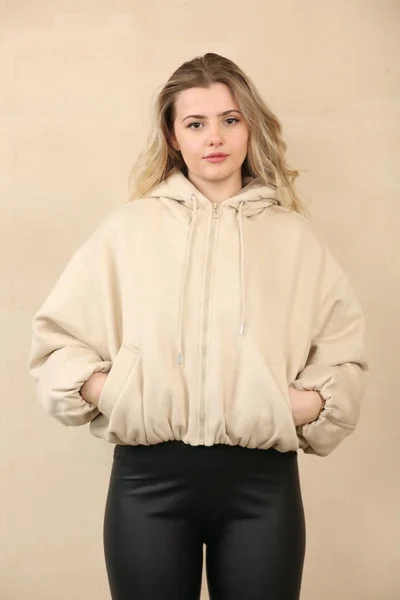 Beige Bubble Hem Zip Up Fleece Jacket - Janet
