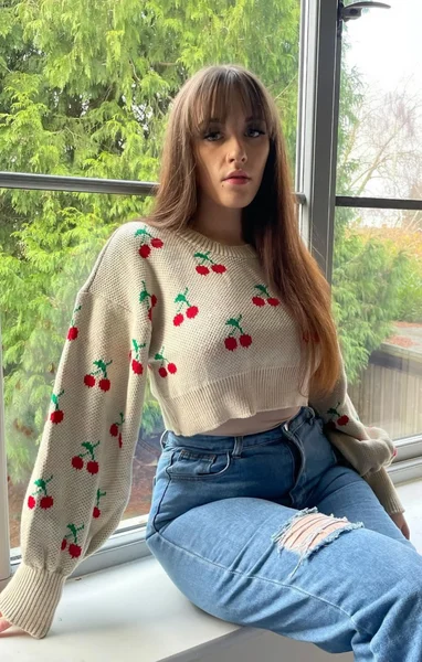 Beige Cherry Print Cropped Jumper - Diana
