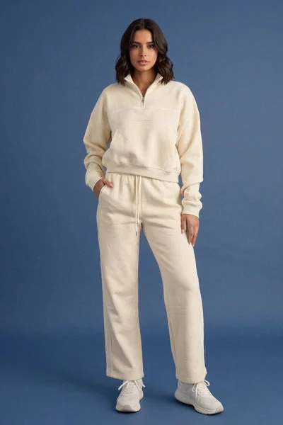 Beige Contrast Striped Stand Collar Sweatshirt With Wide Leg Trouser - Elara